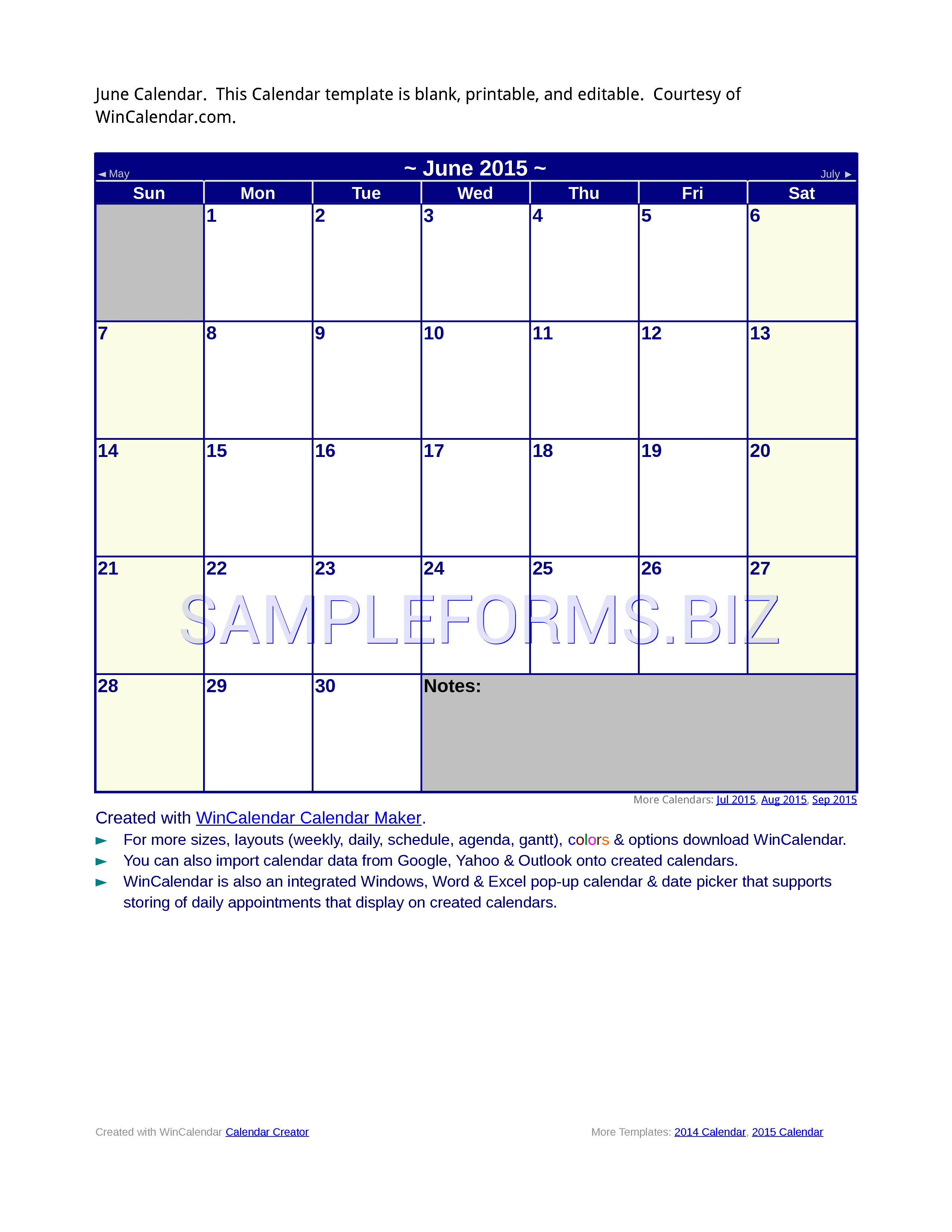 Preview free downloadable June 2015 Calendar 1 in PDF (page 1)